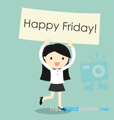 Business Concept, Business Woman Feeling Happy And Holding 'happy Friday' Banner Stock Image