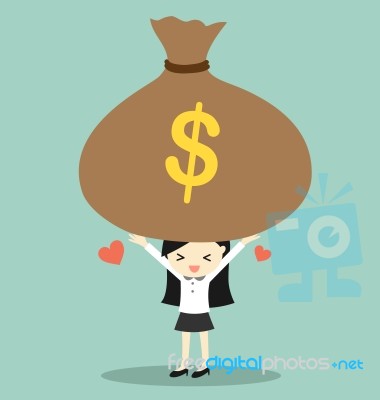 Business Concept, Business Woman Feeling Happy With Big Bag Of Money Stock Image