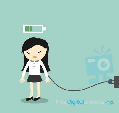 Business Concept, Business Woman Feeling Tired And Charging Battery Stock Image