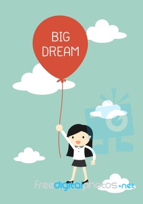 Business Concept, Business Woman Flying With Big Balloon Stock Image