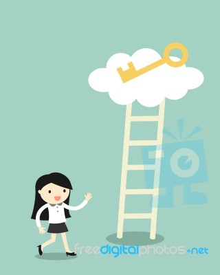 Business Concept, Business Woman Going To Climb The Ladder For Get A Golden Key Stock Image