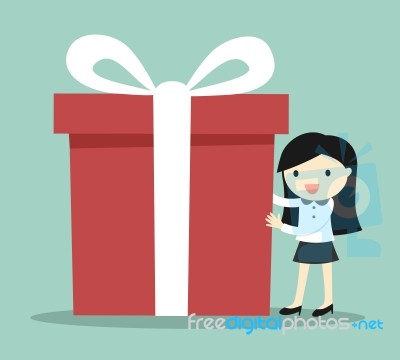 Business Concept, Business Woman Holding A Big Gift Box For Christmas Festival Stock Image