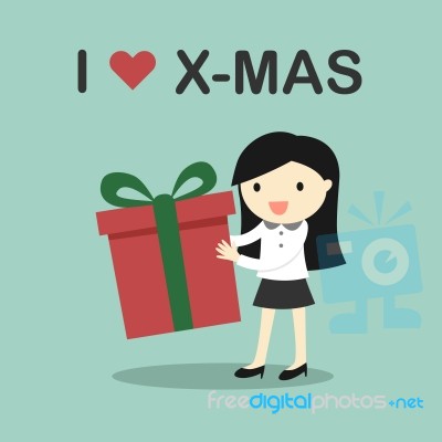 Business Concept, Business Woman Holding A Gift Box With The Words 