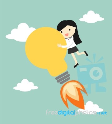 Business Concept, Business Woman Holding Big Bulb Light With Start Up Concept Stock Image