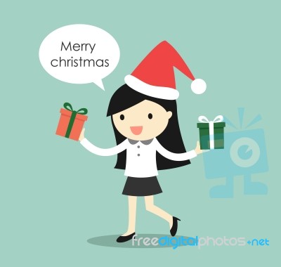 Business Concept, Business Woman Holding Two Gift Boxes For Christmas Festival Stock Image