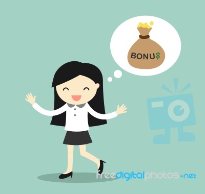 Business Concept, Business Woman Thinking About Bonus And Feeling Happy Stock Image