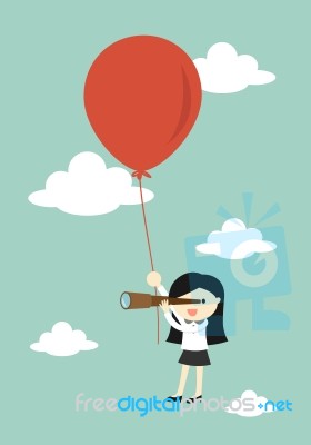 Business Concept, Business Woman Using Her Telescope Looking For Something In The Sky While Flying With Big Balloon Stock Image