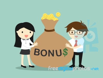 Business Concept, Businessman And Business Woman Are Holding Bonus And Feeling Happy Stock Image