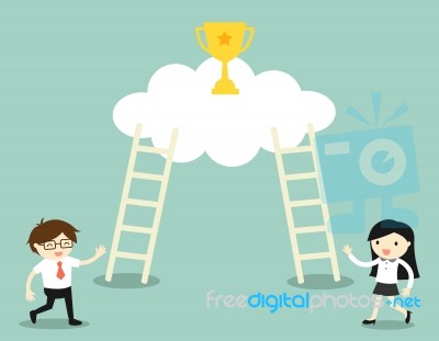 Business Concept, Businessman And Business Woman Going To Climb The Ladders For Get A Golden Winner Cup Stock Image