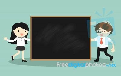 Business Concept, Businessman And Business Woman Holding Blackboard For Presentation Stock Image