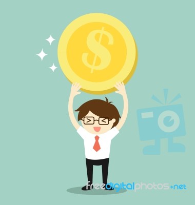 Business Concept, Businessman Feeling Happy While Holding Dollar Coin.  Illustration Stock Image