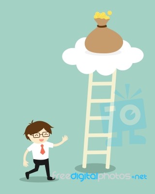 Business Concept, Businessman Going To Climb The Ladder For Get A Bag Of Money Stock Image