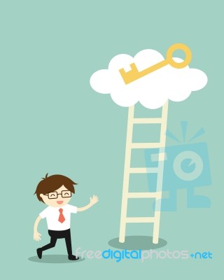 Business Concept, Businessman Going To Climb The Ladder For Get A Golden Key Stock Image