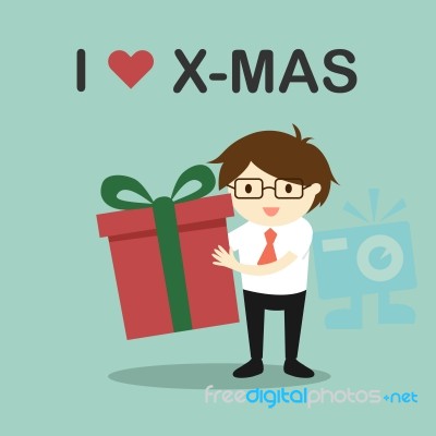 Business Concept, Businessman Holding A Gift Box With The Words 