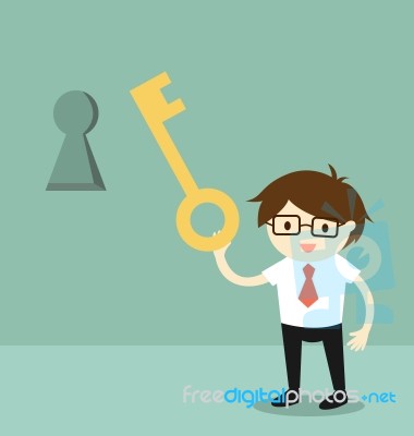 Business Concept, Businessman Holding A Key To Unlock Keyhole On The Wall.  Illustration Stock Image