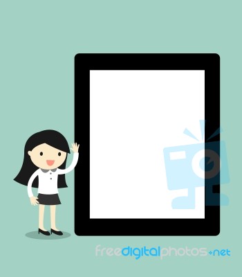 Business Concept, Cartoon Businesswoman Holding Tablet With Blank Screen.  Illustration Stock Image