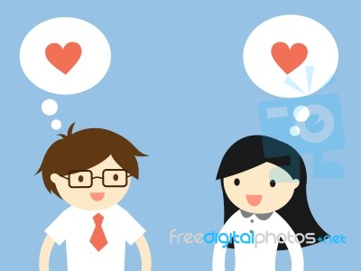 Business Concept, Love In Office. Businessman And Business Woman Feeling Love Each Other.  Illustration Stock Image