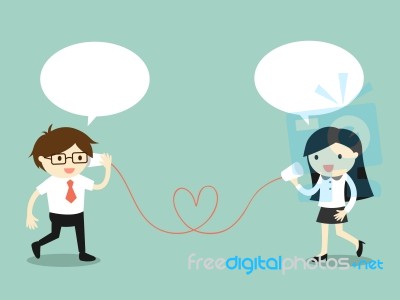 Business Concept, Love In Office. Businessman And Business Woman Talking Via Cup Telephone Stock Image