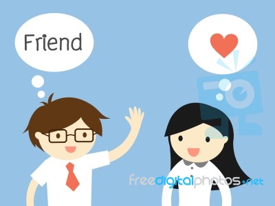 Business Concept, Love In Office. Cartoon Businesswoman Feeling Love For Businessman But He Thinks That She's Just A Friend.  Illustration Stock Image