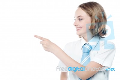 Business Girl Looking And Pointing Away Stock Photo