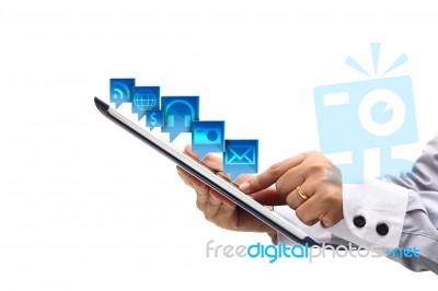 business hand accessing Tablet PC Stock Photo