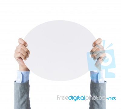 Business Hand Holding Speech Word Paper Banner Isolated Clipping Path Stock Photo