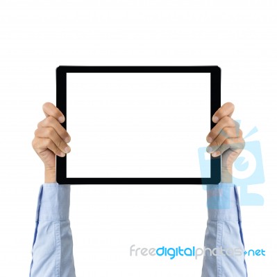 Business Hand Holding Tablet Showing Screen Display Clipping Path Inside Stock Photo