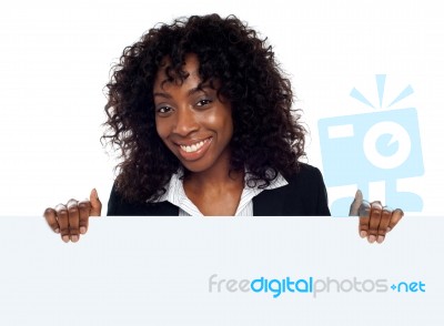 Business Lady Behind Blank Card Stock Photo