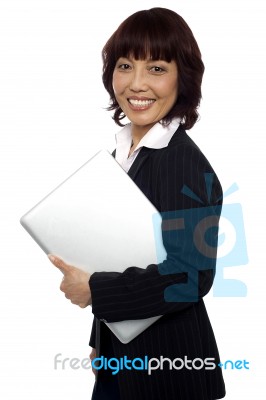 Business Lady Holding Laptop Stock Photo