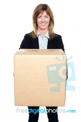 Business Lady Holding Packed Carton Stock Photo