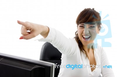 Business lady pointing forward Stock Photo