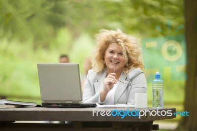 Business Lady Using Laptop In Park Stock Photo