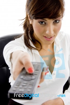 Business lady Watching Television Stock Photo