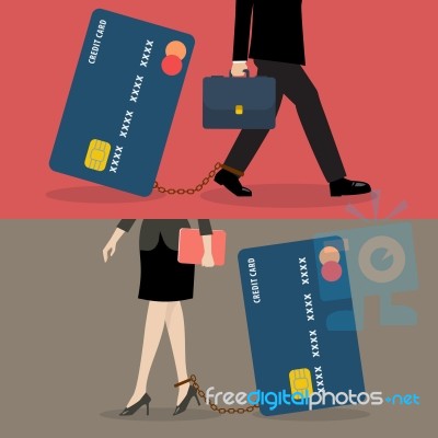 Business Man And Business Woman With Credit Card Burden Stock Image