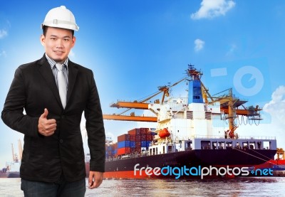 Business Man And Comercial Ship With Container On Port Use For I… Stock Photo