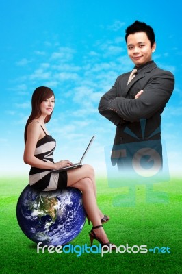 Business Man and Sitting Lady Stock Photo