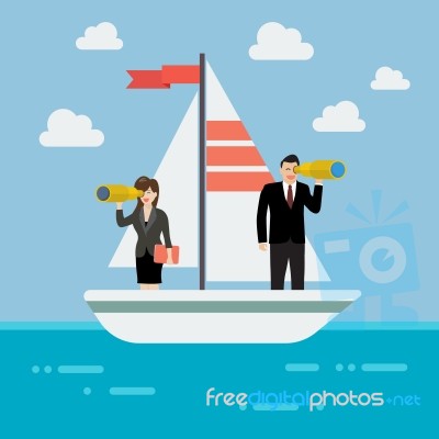 Business Man And Woman Sailing And Looking For Future Stock Image