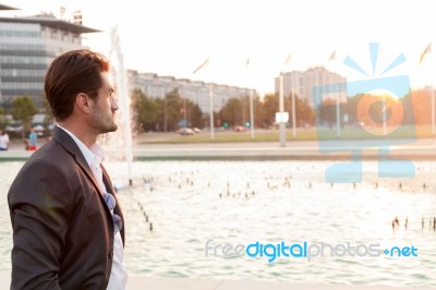 Business Man In Front Of A Fountain Stock Photo