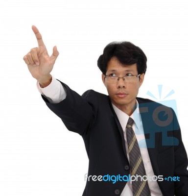 Business Man Pointing Focus At Finger On White Background Stock Photo