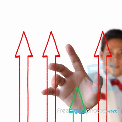 Business Man Pressing The Arrow Stock Photo