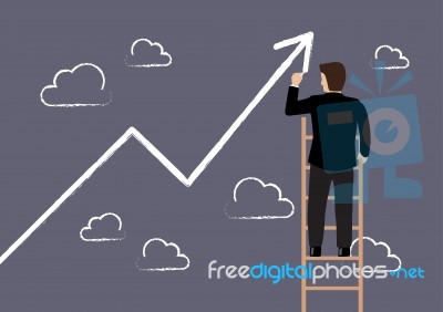 Business Man Standing On Ladder Drawing Growth Chart Stock Image