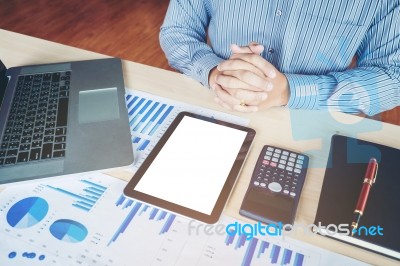 Business Man Using Tablet Blank Screen With; Report Chart Stock Photo