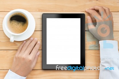 Businessman Using Tablet White Display With Coffee On Wood Desk Stock Photo