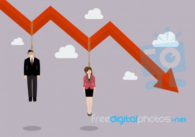 Business People Hang On A Graph Down Stock Image