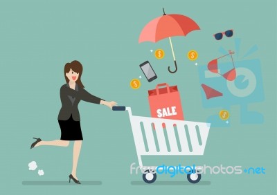 Business Woman Add Clothing And Accessories Into Cart Stock Image