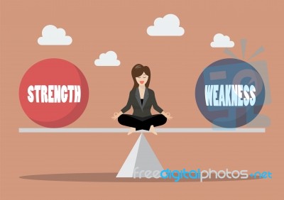 Business Woman Balancing Between Strength And Weakness Stock Image