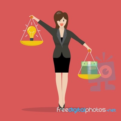 Business Woman Balancing Idea And Money On Two Weighing Trays On… Stock Image