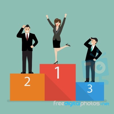 Business Woman Celebrates On Winning Podium Next To Her Business… Stock Image