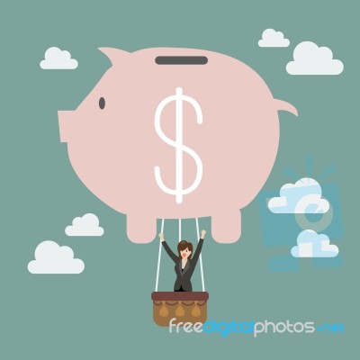 Business Woman Celebrating In Piggy Bank Balloon Stock Image