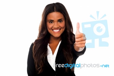 Business Woman Cheerful Thumb Up Stock Photo